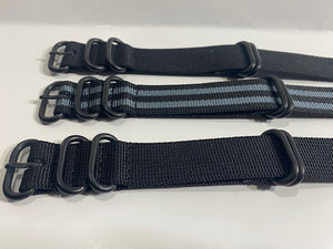 Set of 3. 20mm 0ne Piece Nylon Straps Black. Steel Keepers. Loop Thru Watchbands