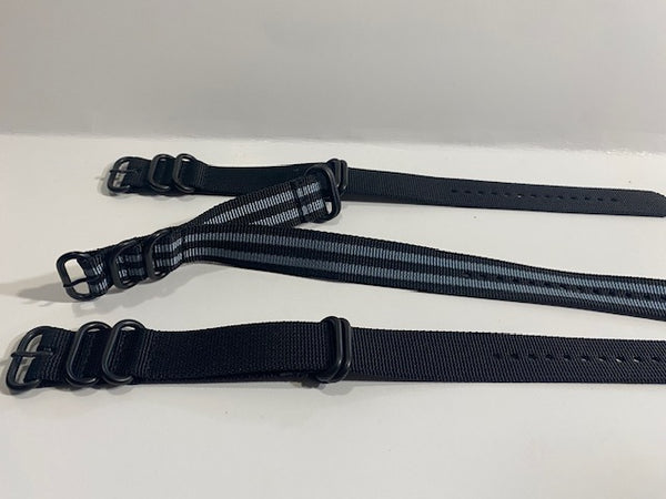 Set of 3. 20mm 0ne Piece Nylon Straps Black. Steel Keepers. Loop Thru Watchbands