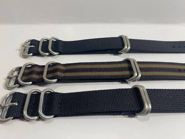 Lot of 3. 20mm 0ne Piece Nylon Straps Black. Steel Keepers. Loop Thru Watchbands