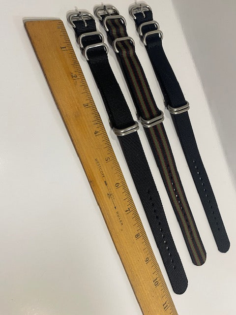 Lot of 3. 20mm 0ne Piece Nylon Straps Black. Steel Keepers. Loop Thru Watchbands