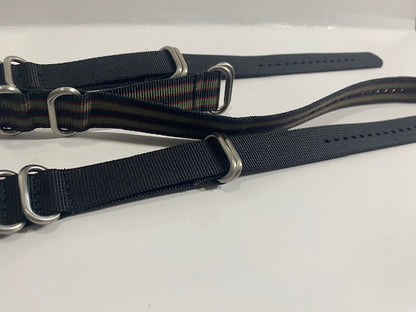 Lot of 3. 20mm 0ne Piece Nylon Straps Black. Steel Keepers. Loop Thru Watchbands