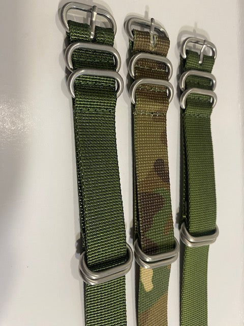 Set of 3. 20mm Military Greens 0ne Piece Nylon Straps. Steel Keepers. Loop Thru