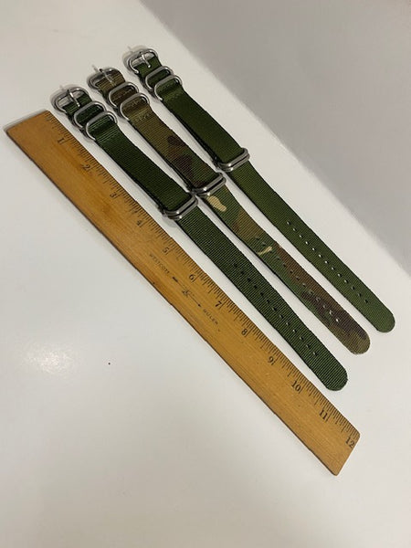 Set of 3. 20mm Military Greens 0ne Piece Nylon Straps. Steel Keepers. Loop Thru