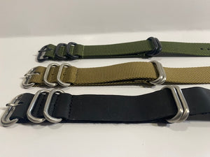 THREE 20mm Military Colors 0ne Piece Loop Thru Straps Nylon Fabric(2) Leather(1)
