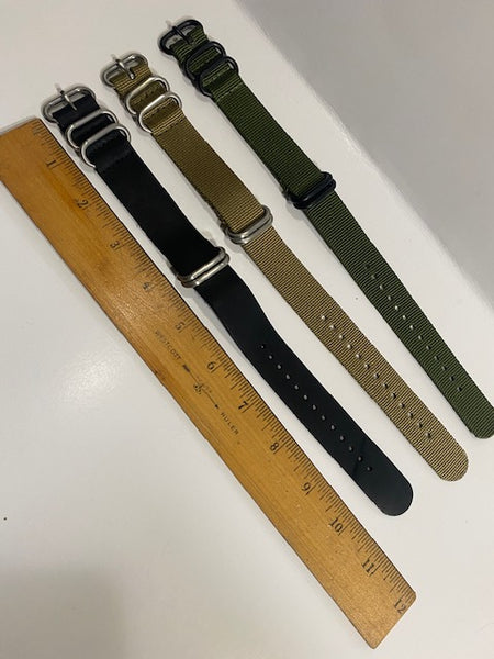 THREE 20mm Military Colors 0ne Piece Loop Thru Straps Nylon Fabric(2) Leather(1)