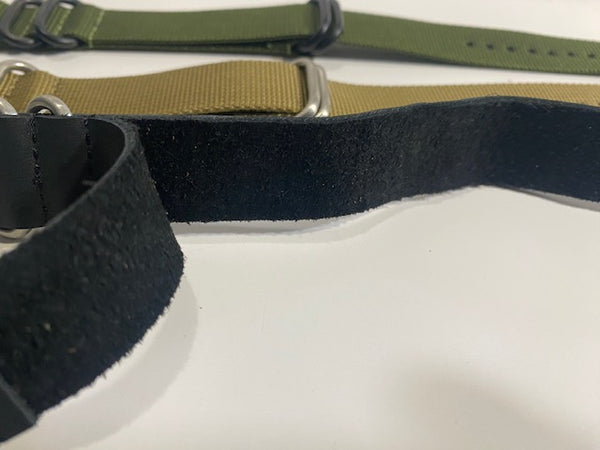 THREE 20mm Military Colors 0ne Piece Loop Thru Straps Nylon Fabric(2) Leather(1)