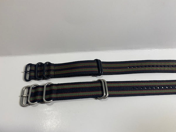 Pair. 24mm Regimental Striped 0ne Piece Loop Thru Straps. Steel Keepers/Blk/Silv