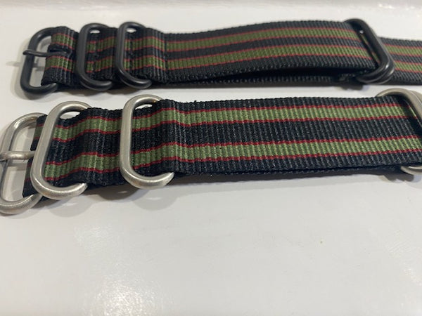 Pair. 24mm Regimental Striped 0ne Piece Loop Thru Straps. Steel Keepers/Blk/Silv