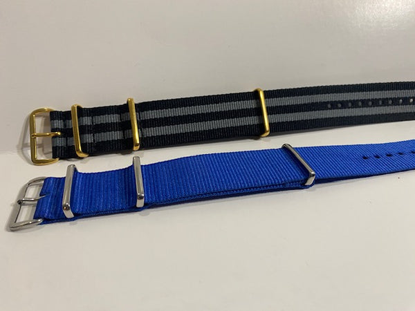 Pair. 24mm. Blue. Blk/Gry. 0ne Piece Loop Thru Straps. Steel Keepers:Sliver/Gld