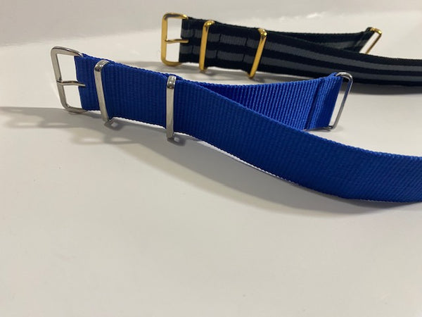 Pair. 24mm. Blue. Blk/Gry. 0ne Piece Loop Thru Straps. Steel Keepers:Sliver/Gld