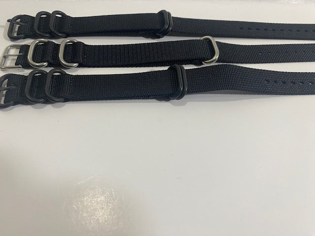 Set of 3. 18mm Black 0ne Piece Loop Thru Straps.Stainless Steel Keepers Blk/Silv