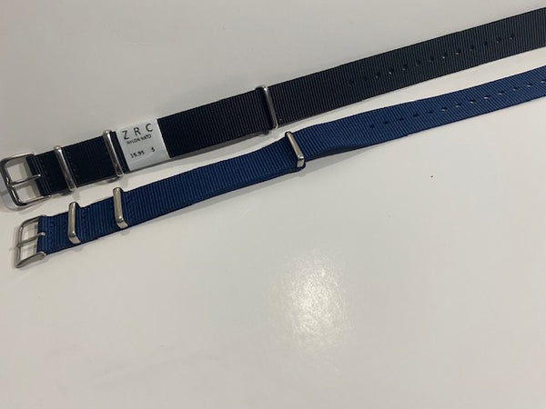 Pair 18mm Blue/Black Ballistic Nylon Loop Thru Straps. Stainless Steel Hardware