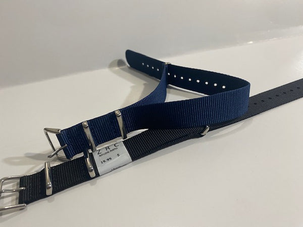 Pair 18mm Blue/Black Ballistic Nylon Loop Thru Straps. Stainless Steel Hardware