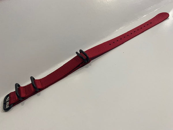 22mm Red Ballistic Nylon LoopThru Strap/Watchband.Black Stainless Steel Hardware