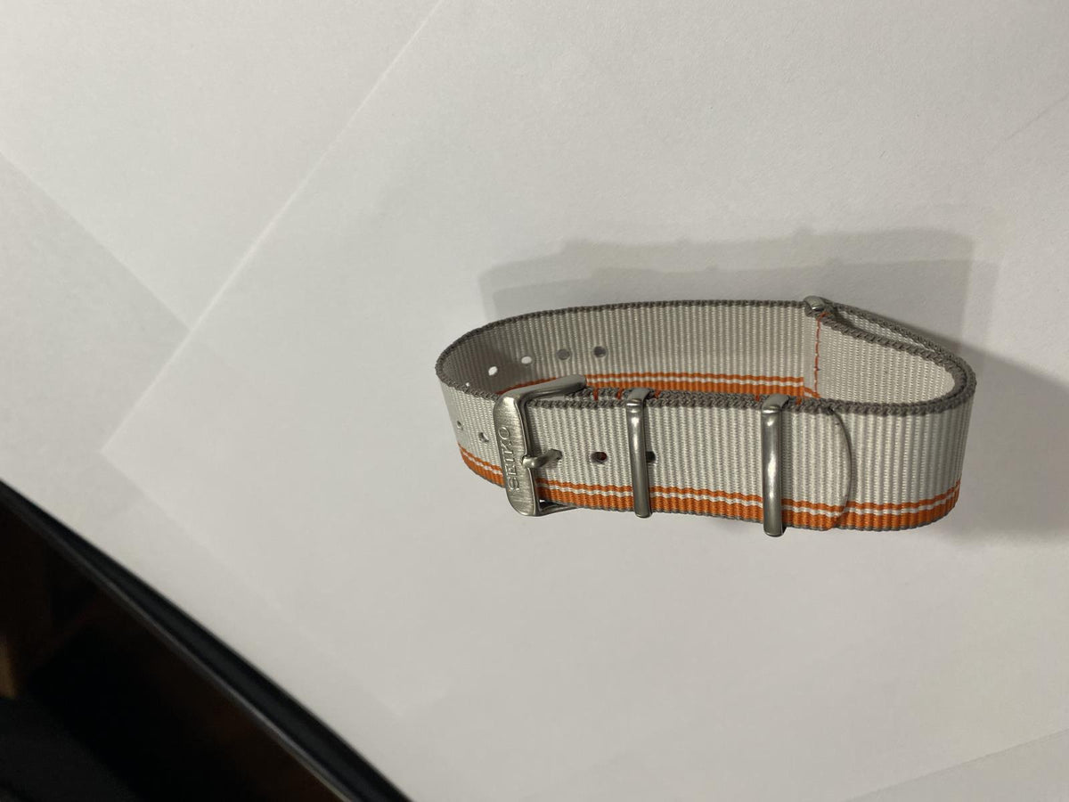 Seiko WatchBand Fabric SRPK73 One Piece Loop Thru 22mm Wide.White/Orange/Gray