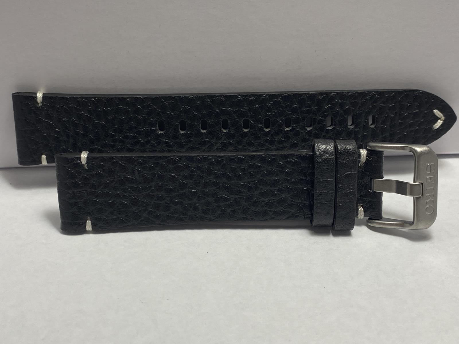 Seiko Original 20mm Watchband Blk Leather Strap 4mm Thick w/Logo Bkle wht Stitch