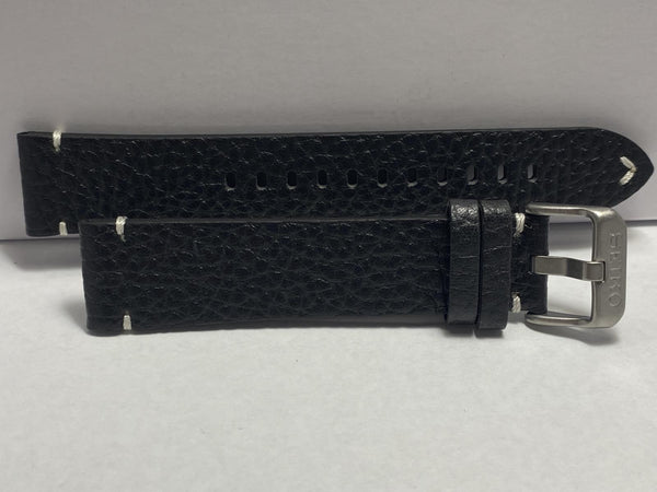 Seiko Original 20mm Watchband Blk Leather Strap 4mm Thick w/Logo Bkle wht Stitch