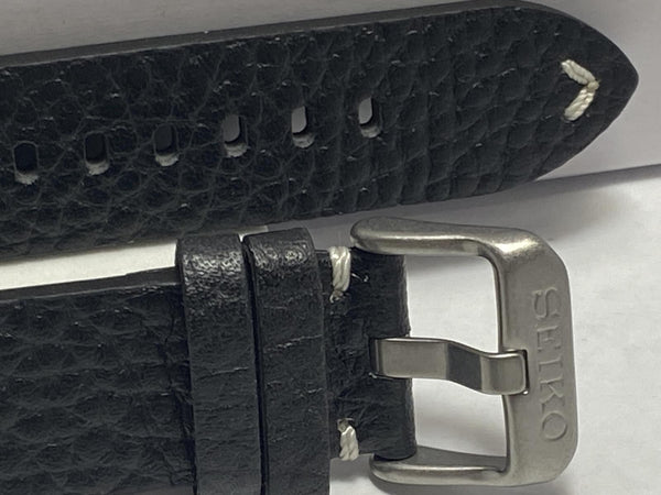 Seiko Original 20mm Watchband Blk Leather Strap 4mm Thick w/Logo Bkle wht Stitch