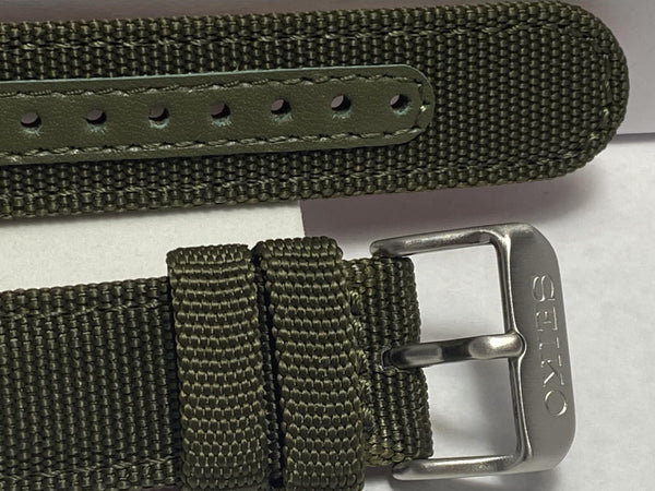 Seiko Military Watchband Green 20mm Padded Fabric/Leather Band w/Spring Bars