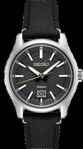 Seiko Original 20mm Watchband SUR517 Black Leather Strap w/Green Decor Stitching