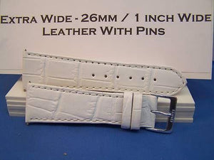 Extra Wide Leather Watchband. 26mm With Pins. White