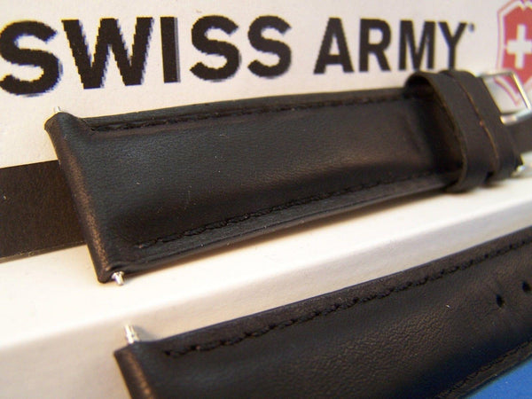 Swiss Army watchband Field. 20mm Black Leather Logo Buckle. Stitched and Padded