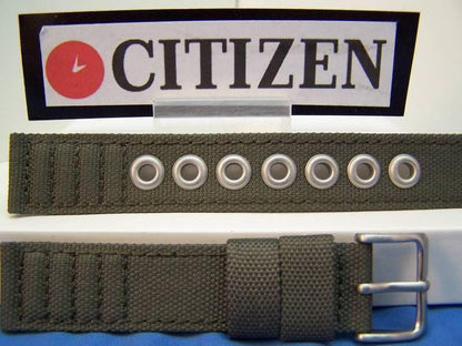 Citizen watchband military style 18mm khaki fabric steel eyelets. Washable
