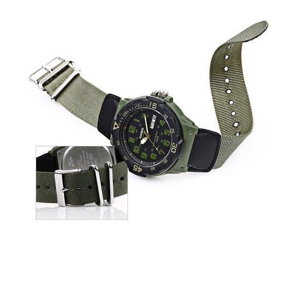 Casio watchband AE-1200, MRW-200 Military Colors Green/Black Nylon/Leather 18mm