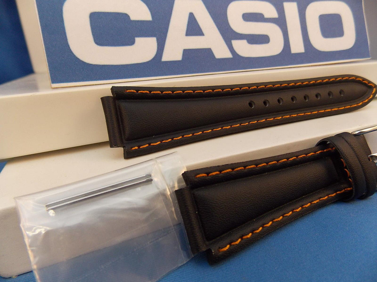 Casio watchband EF-308. Ef-301. Edifice Black Leather Orange Cotton Stitch Trim