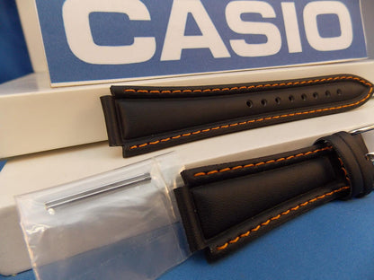 Casio watchband EF-308. Ef-301. Edifice Black Leather Orange Cotton Stitch Trim