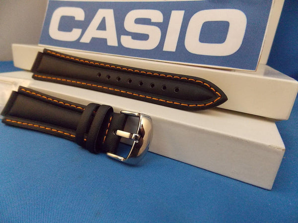 Casio watchband EF-308. Ef-301. Edifice Black Leather Orange Cotton Stitch Trim
