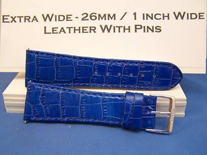 Extra Wide Leather Watchband. 26mm With Pins. blue