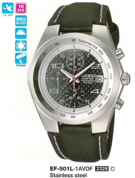 Casio watchband EF-501 L, EF-500 L Black Leather -  w/ Attach Pins