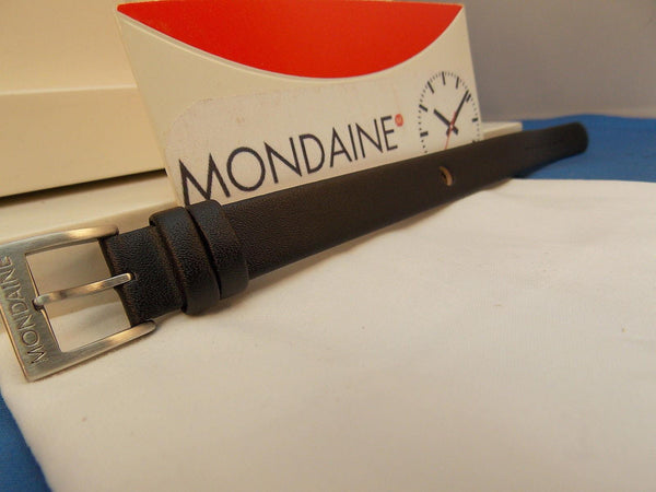 Mondaine watchband One Piece 14mm Wide black Leather Loop Thru  w/Logo buckle