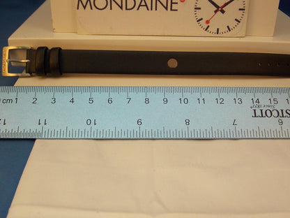 Mondaine watchband One Piece 14mm Wide black Leather Loop Thru  w/Logo buckle