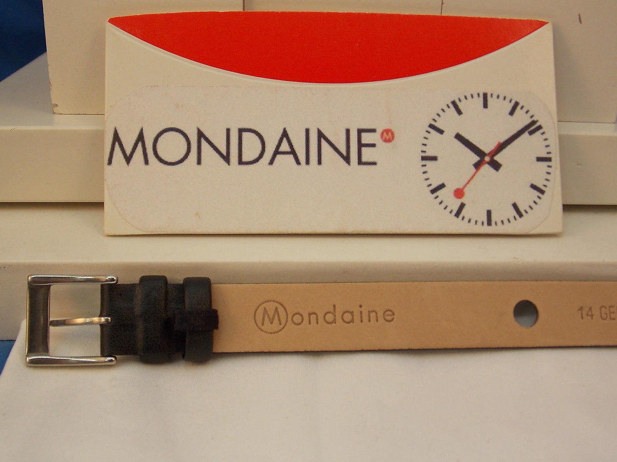 Mondaine watchband One Piece 14mm Wide black Leather Loop Thru  w/Logo buckle
