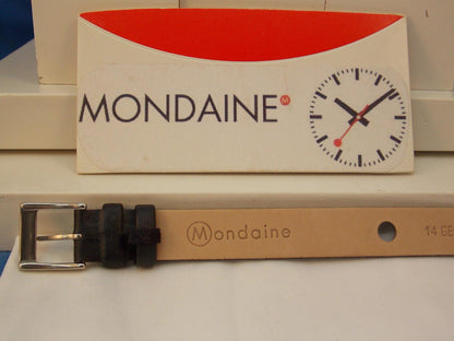 Mondaine watchband One Piece 14mm Wide black Leather Loop Thru  w/Logo buckle