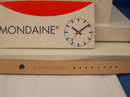 Mondaine watchband One Piece 14mm Wide black Leather Loop Thru  w/Logo buckle