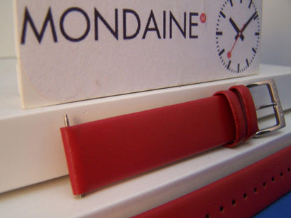 Mondaine Watchband Original 16mm Red Leather  w/ Logo buckle and Pins.