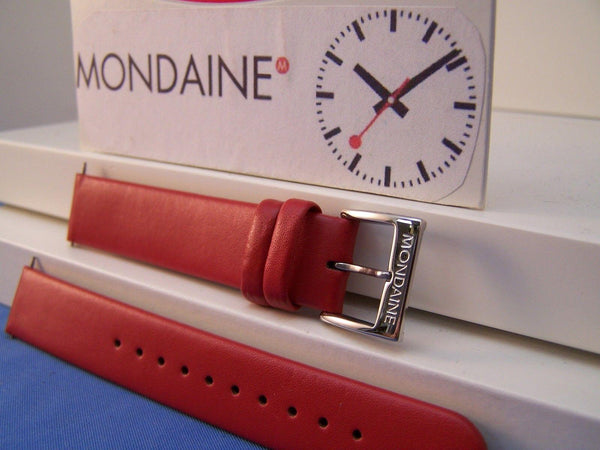 Mondaine Watchband Original 16mm Red Leather  w/ Logo buckle and Pins.