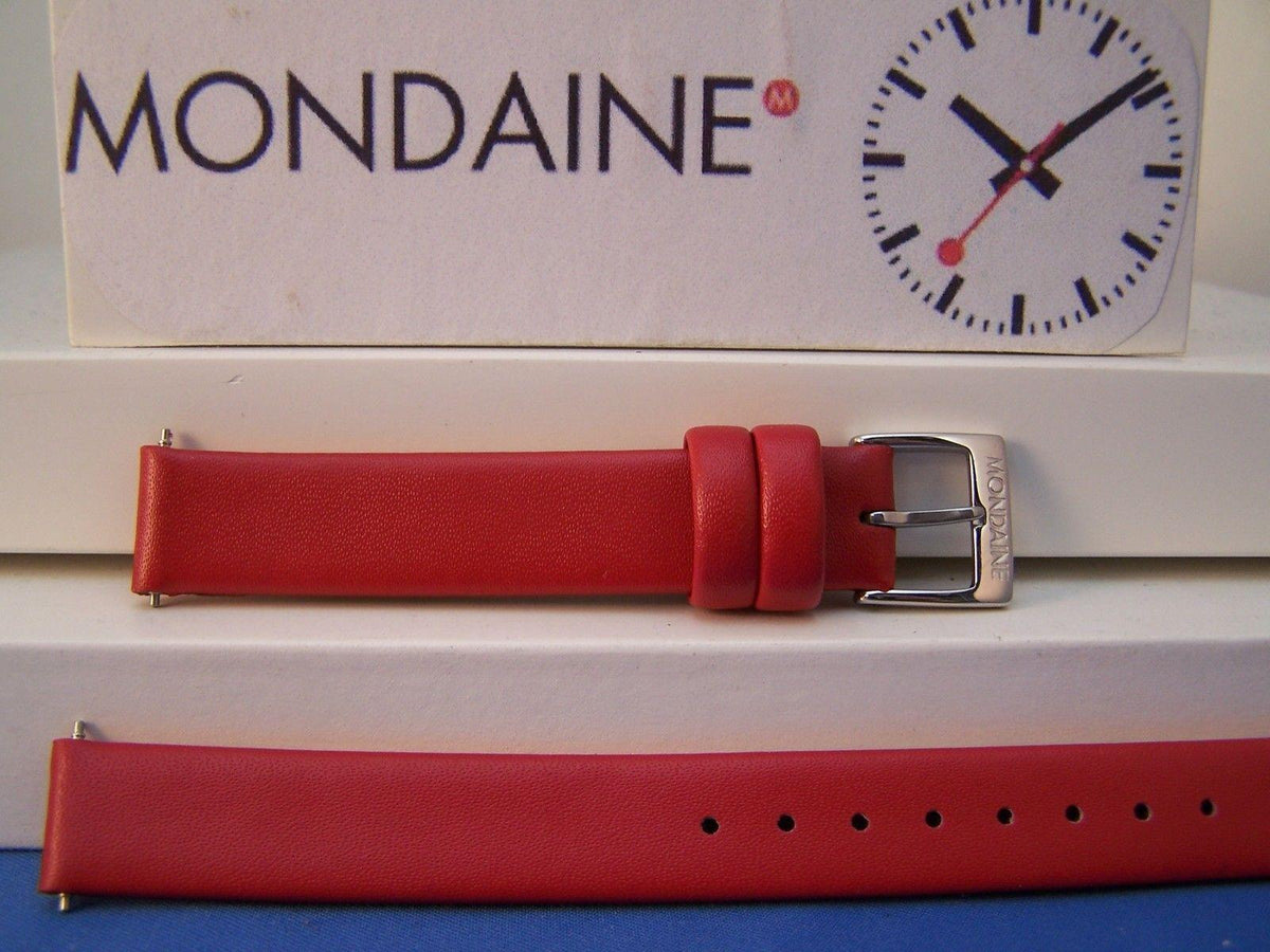 Mondaine watchband Original 12mm Red Leather ladies  w/ Logo buckle & Pins