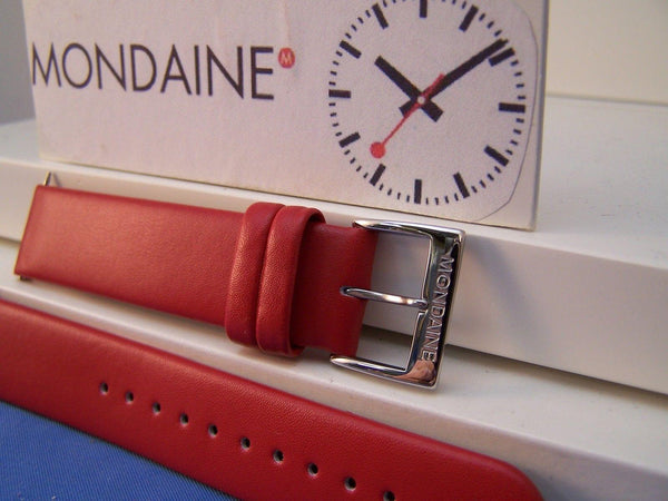 Mondaine watchband Original 18mm Red Mns Leather  w/ Logo buckle and Pins