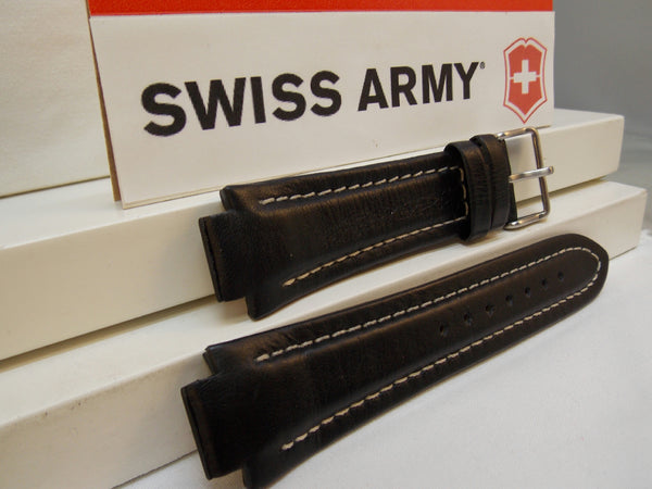 Swiss Army Watchband Peak ll Leather Black White Stitched Padded Mens/Large