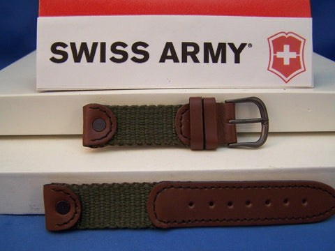 Swiss Army Watchband Cavalry Ladies 16mm Nylon Green, Brown Leather. w/Rivets