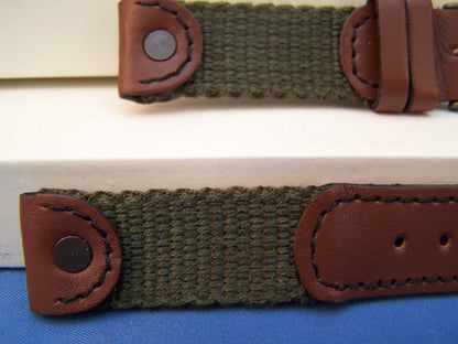 Swiss Army Watchband Cavalry Ladies 16mm Nylon Green, Brown Leather. w/Rivets