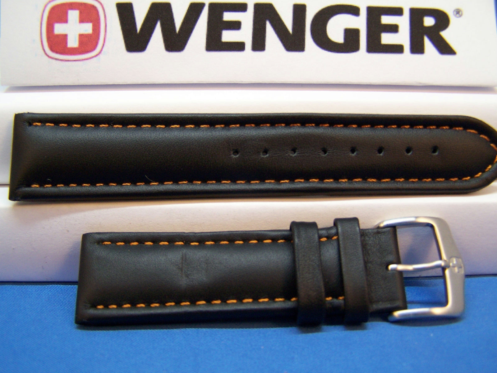 Wenger Watchband 70843 Black 21mm Padded Outline Red Stitched Strap