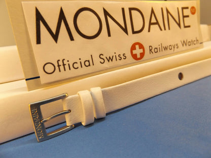 Mondaine watchband White One Piece 14mm WideLeather Loop Thru  w/Logo Bkle