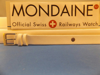 Mondaine watchband White One Piece 14mm WideLeather Loop Thru  w/Logo Bkle