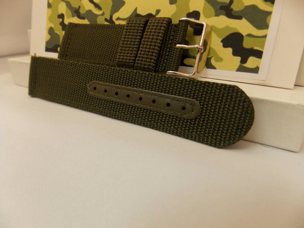 Military Green 22mm Wide Nylon Stitch Reinforced  w/Pins.Washable Watchband