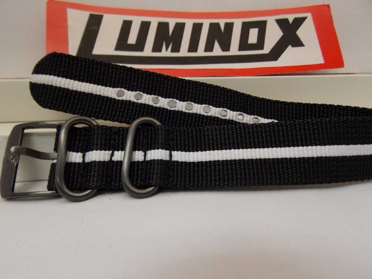 Luminox Watchband Regimental Stripe.Black/White 23mm w/ Gun Metal Hardware.
